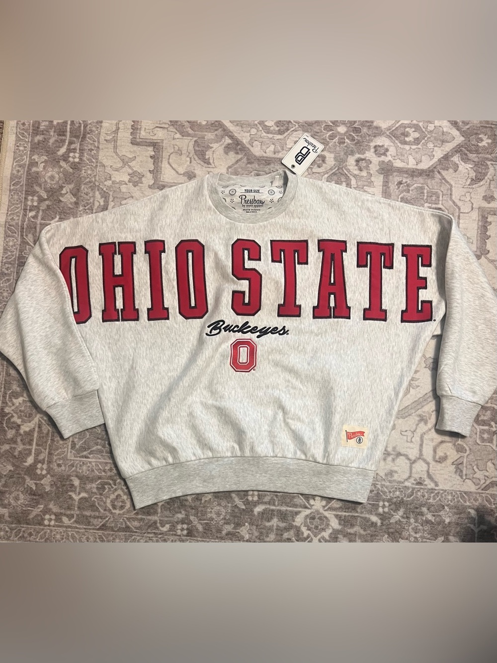 Pressbox Ohio State Crewneck Sweatshirt in Heather Gray with Red Lettering,OS